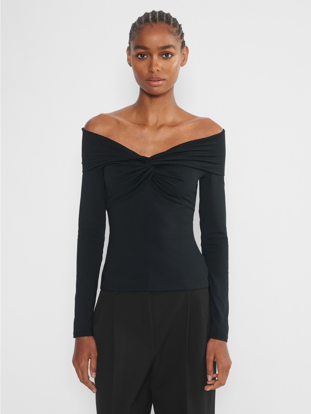 Off-Shoulder Twist Front Black Top
